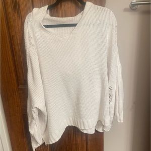 12th Tribe White Distressed Hooded Sweater